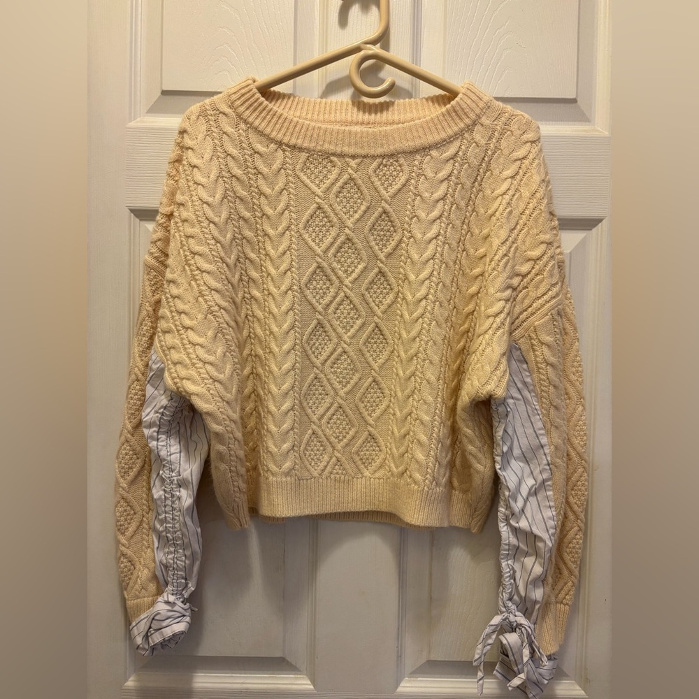 Blu Pepper Cream Cable Knit Sweater with Striped buttoned sleeve accent